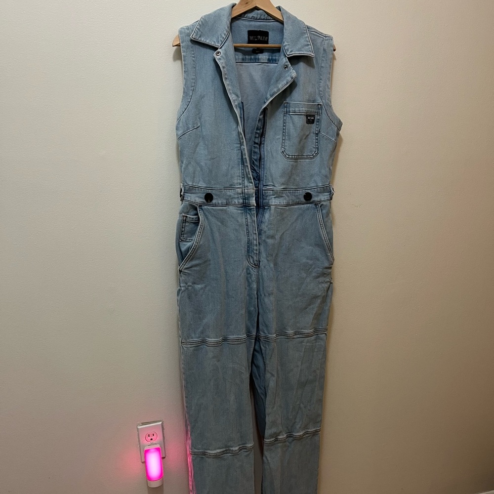 Wildfang Denim Sleeveless High Waisted Coverall Jumpsuit